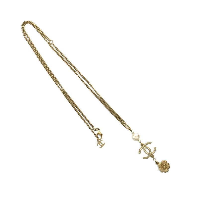 Chanel Coco Mark Flower Motif GP Fake Pearl Necklace Pendant 20AC