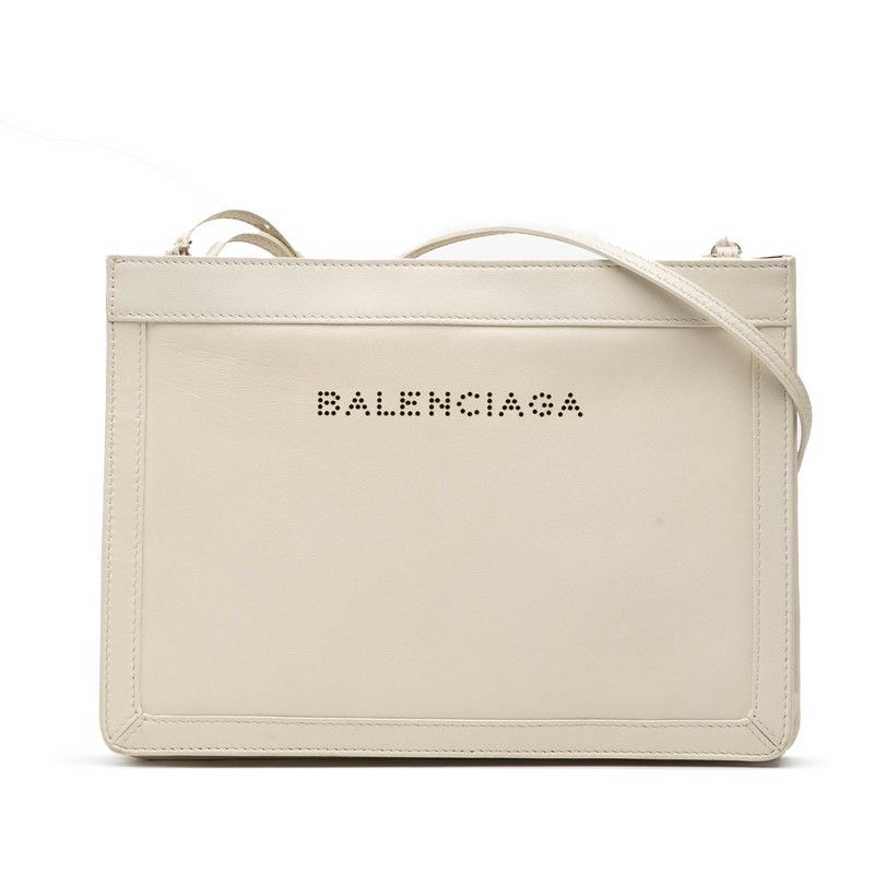Balenciaga Navy Pochette Crossbody Shoulder Bag 339937 White Leather Women's