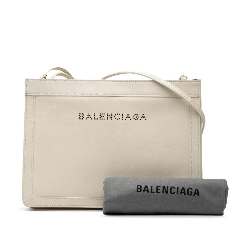 Balenciaga Navy Pochette Crossbody Shoulder Bag 339937 White Leather Women's