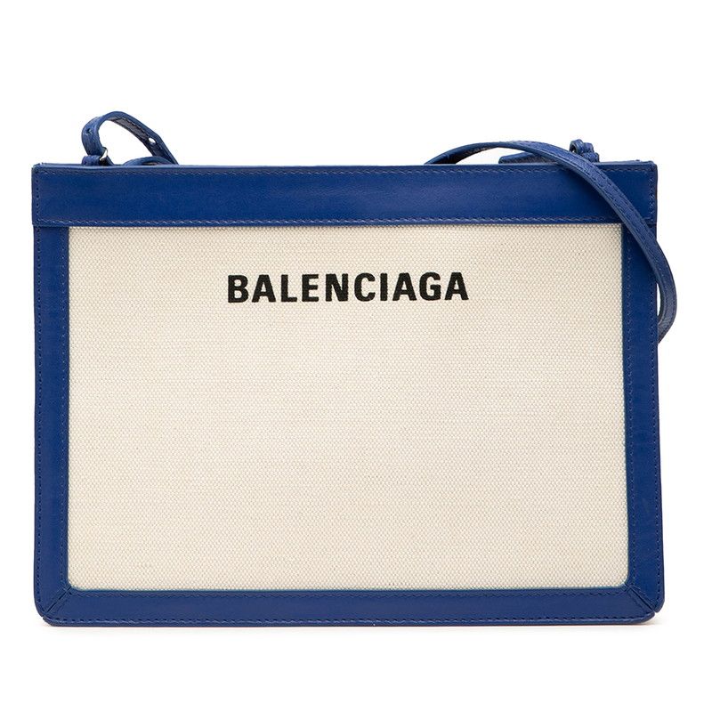 Balenciaga Logo Navy Pochette Crossbody Shoulder Bag 339937 Ivory Blue Canvas