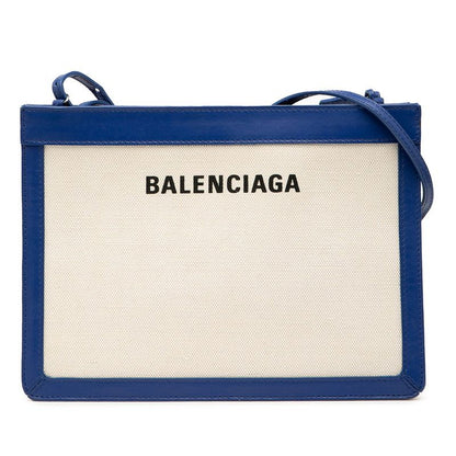 Balenciaga Logo Navy Pochette Crossbody Shoulder Bag 339937 Ivory Blue Canvas