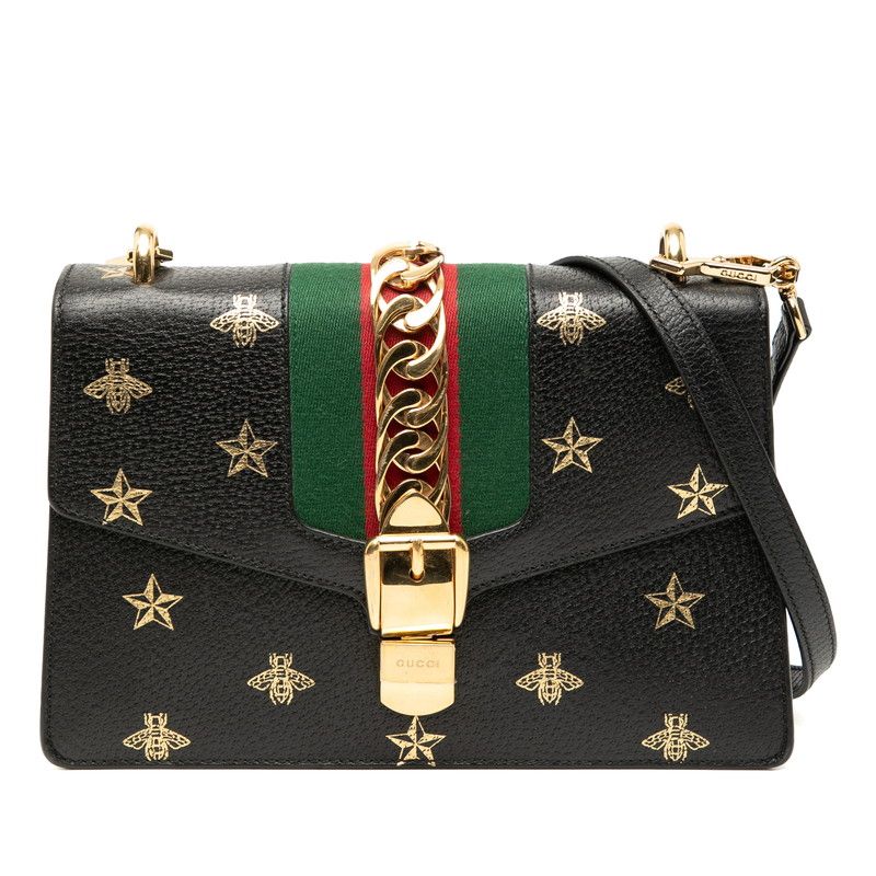 Gucci Sylvie Bee & Star 524405 Black Leather Women's Gucci