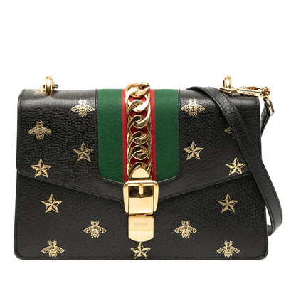 Gucci Sylvie Bee & Star 524405 Black Leather Women's Gucci