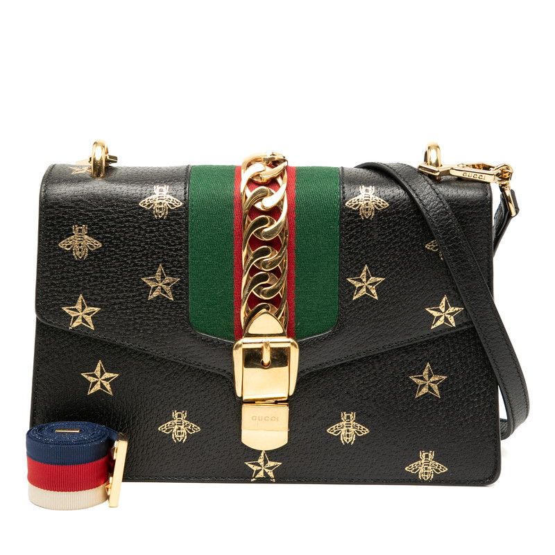 Gucci Sylvie Bee & Star 524405 Black Leather Women's Gucci