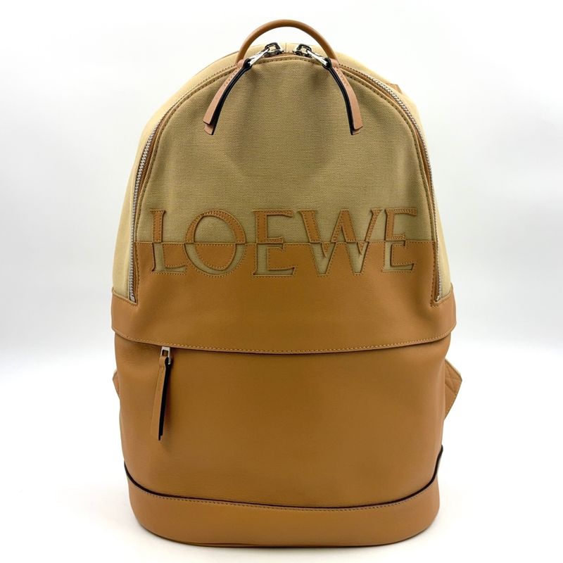 Loewe Round Leather X Canvas Brown Backpack Silver