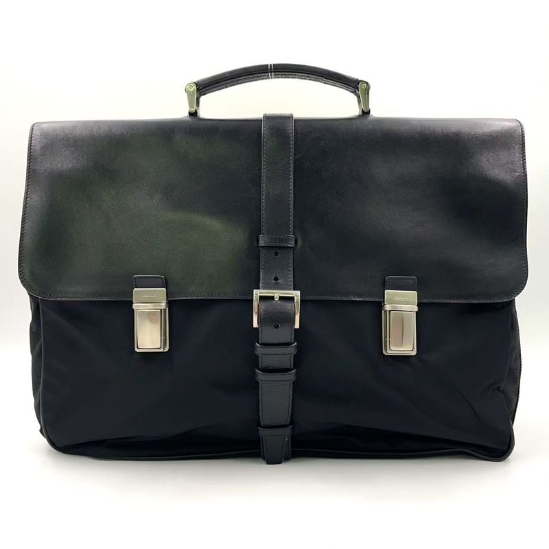 Prada Leather Flap X Nylon Leather X Nylon Black Business Bag Silver