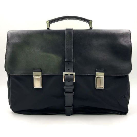 Prada Leather Flap X Nylon Leather X Nylon Black Business Bag Silver