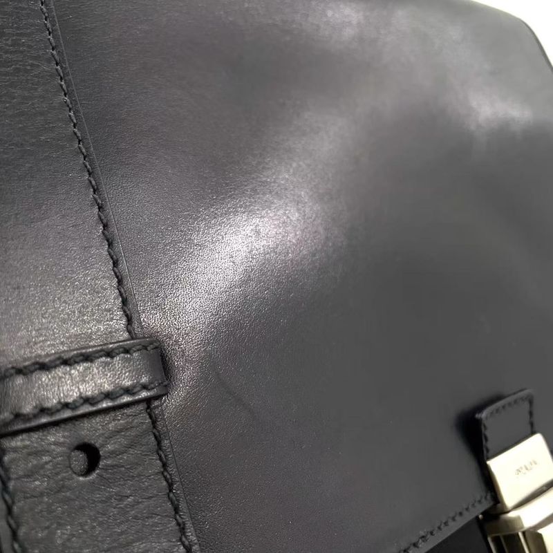 Prada Leather Flap X Nylon Leather X Nylon Black Business Bag Silver