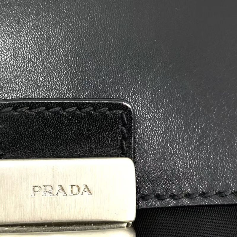 Prada Leather Flap X Nylon Leather X Nylon Black Business Bag Silver