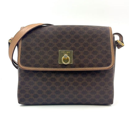 Celine Macadam Pattern Leather × PVC Brown × Light Beige Shoulder Bag Gold