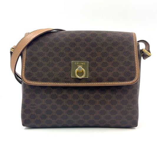 Celine Macadam Pattern Leather × PVC Brown × Light Beige Shoulder Bag Gold