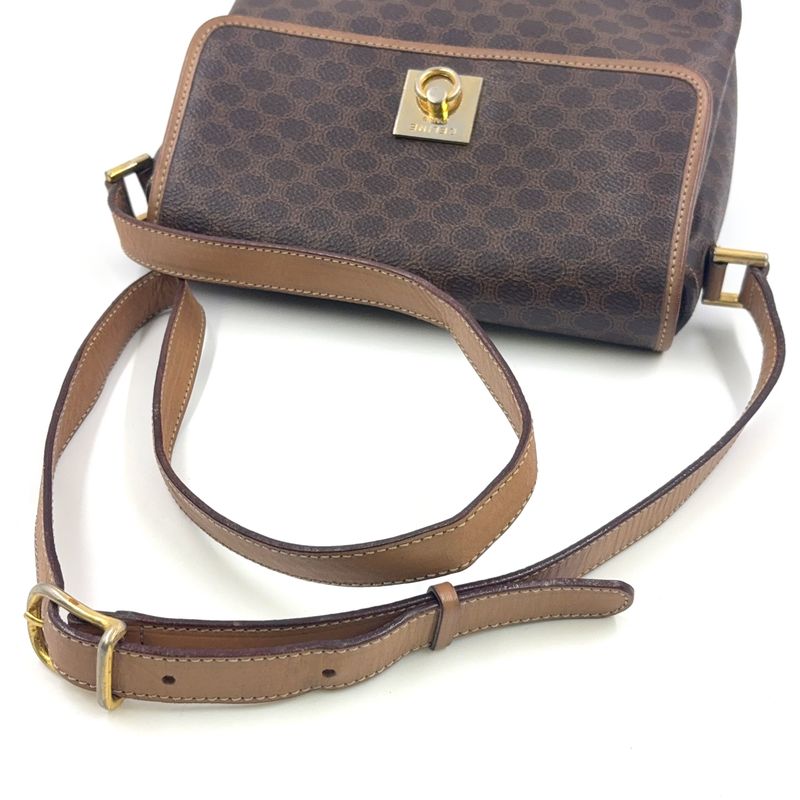Celine Macadam Pattern Leather × PVC Brown × Light Beige Shoulder Bag Gold