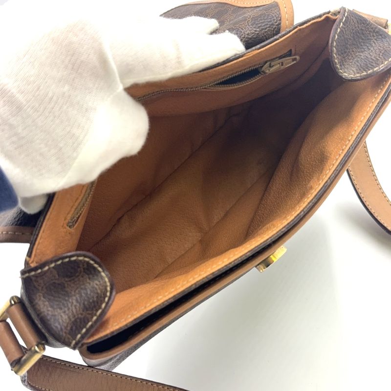 Celine Macadam Pattern Leather × PVC Brown × Light Beige Shoulder Bag Gold