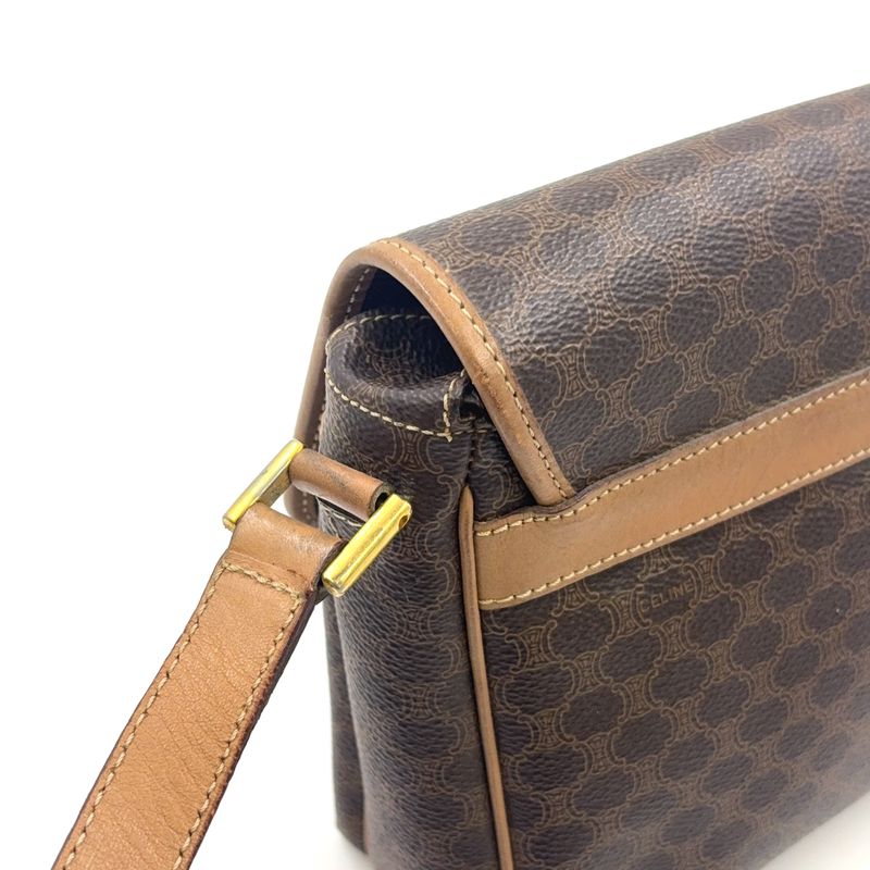 Celine Macadam Pattern Leather × PVC Brown × Light Beige Shoulder Bag Gold