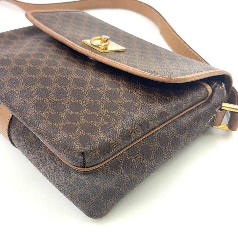 Celine Macadam Pattern Leather × PVC Brown × Light Beige Shoulder Bag Gold