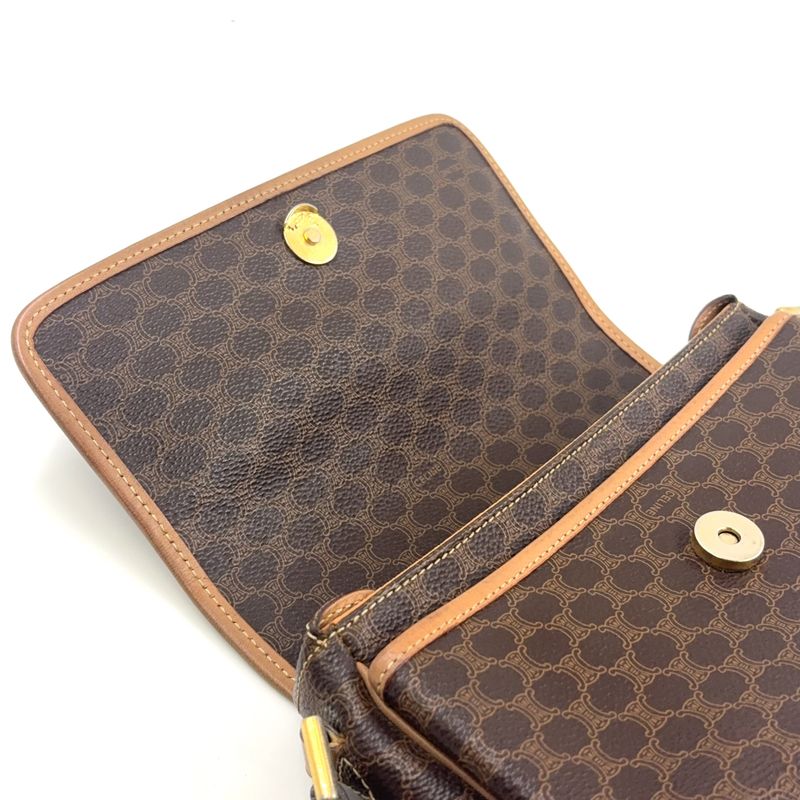 Celine Macadam Pattern Leather × PVC Brown × Light Beige Shoulder Bag Gold