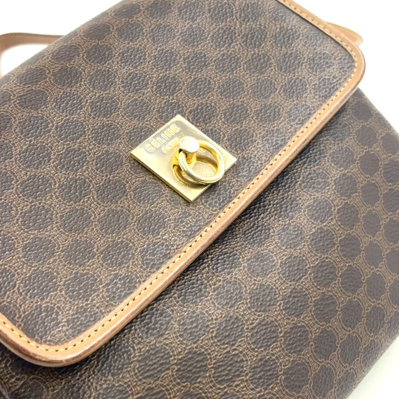 Celine Macadam Pattern Leather × PVC Brown × Light Beige Shoulder Bag Gold