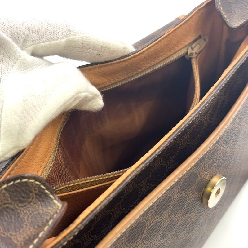 Celine Macadam Pattern Leather × PVC Brown × Light Beige Shoulder Bag Gold