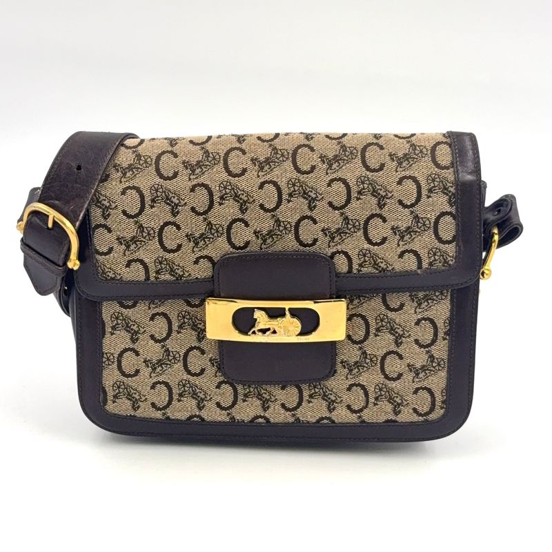 Celine C Saruki Carriage Hardware Leather × Canvas Brown Shoulder Bag Gold