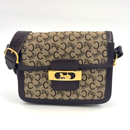 Celine C Saruki Carriage Hardware Leather × Canvas Brown Shoulder Bag Gold