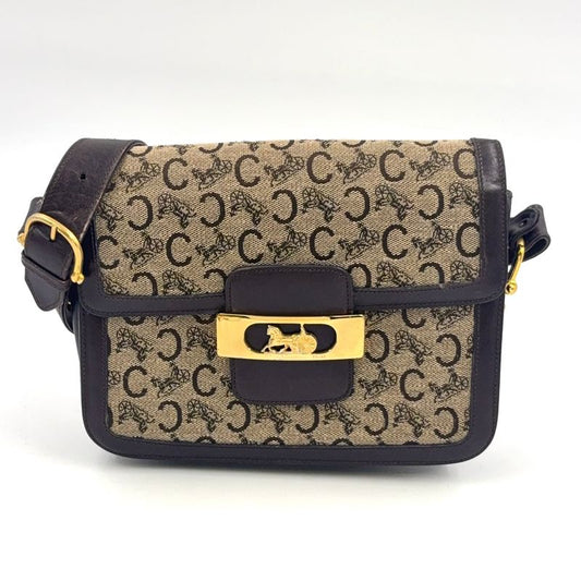 Celine C Saruki Carriage Hardware Leather × Canvas Brown Shoulder Bag Gold