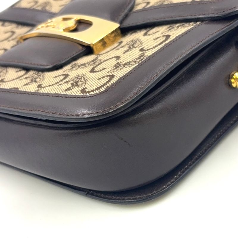 Celine C Saruki Carriage Hardware Leather × Canvas Brown Shoulder Bag Gold