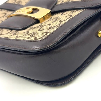 Celine C Saruki Carriage Hardware Leather × Canvas Brown Shoulder Bag Gold