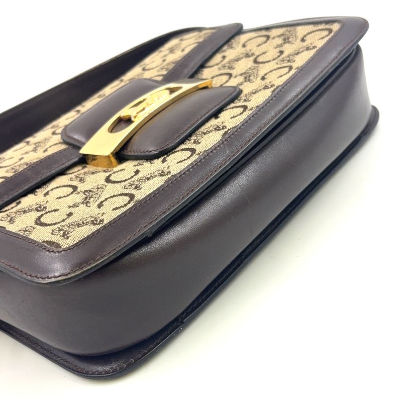 Celine C Saruki Carriage Hardware Leather × Canvas Brown Shoulder Bag Gold