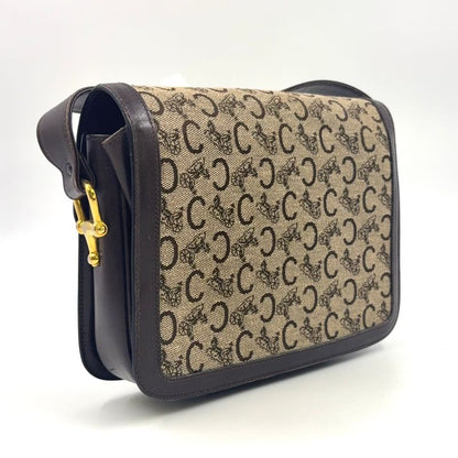 Celine C Saruki Carriage Hardware Leather × Canvas Brown Shoulder Bag Gold
