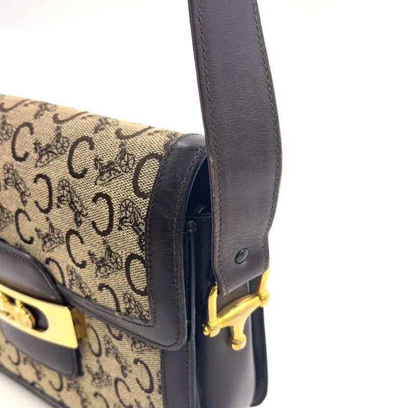 Celine C Saruki Carriage Hardware Leather × Canvas Brown Shoulder Bag Gold