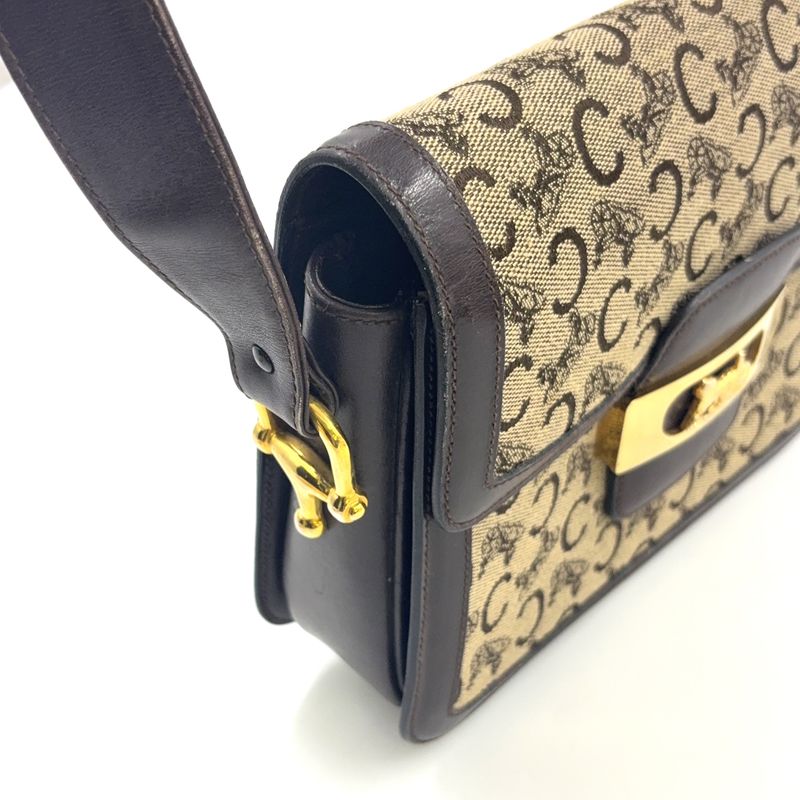 Celine C Saruki Carriage Hardware Leather × Canvas Brown Shoulder Bag Gold