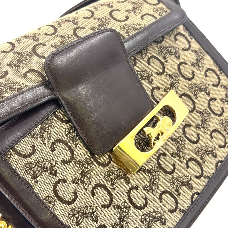 Celine C Saruki Carriage Hardware Leather × Canvas Brown Shoulder Bag Gold