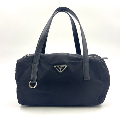 Prada Triangle Logo Plate Mini Boston Leather X Nylon Black Handbag Silver