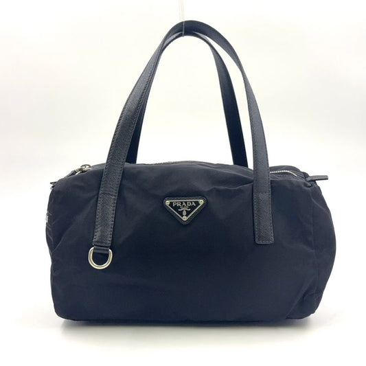 Prada Triangle Logo Plate Mini Boston Leather X Nylon Black Handbag Silver
