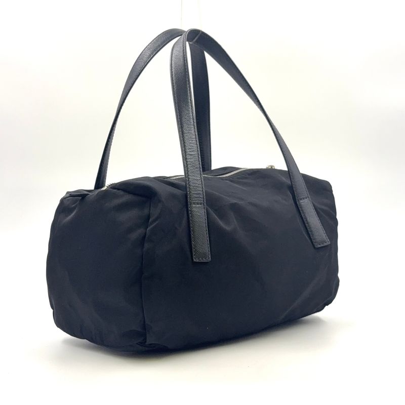 Prada Triangle Logo Plate Mini Boston Leather X Nylon Black Handbag Silver