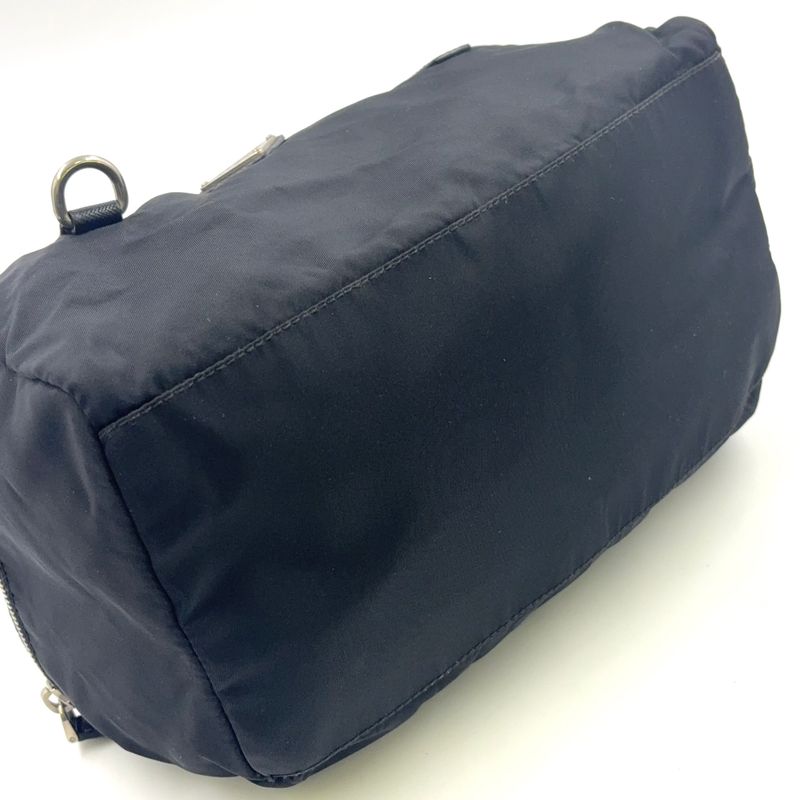 Prada Triangle Logo Plate Mini Boston Leather X Nylon Black Handbag Silver