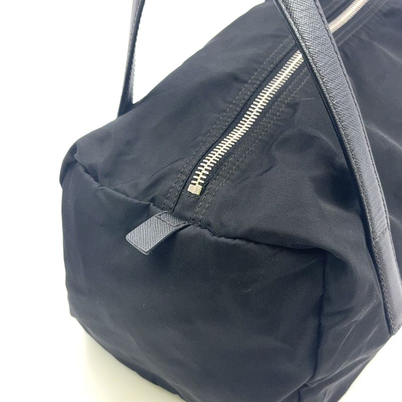Prada Triangle Logo Plate Mini Boston Leather X Nylon Black Handbag Silver
