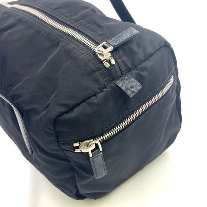 Prada Triangle Logo Plate Mini Boston Leather X Nylon Black Handbag Silver