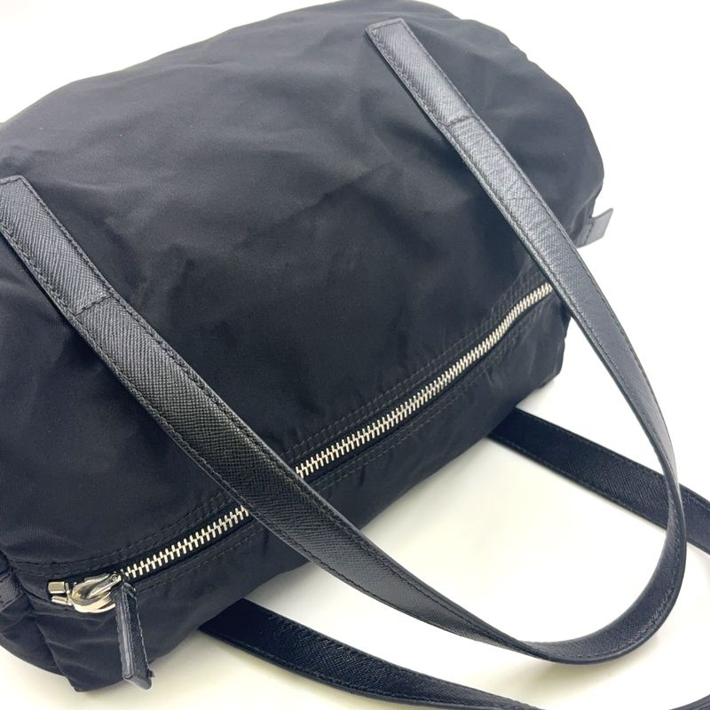 Prada Triangle Logo Plate Mini Boston Leather X Nylon Black Handbag Silver