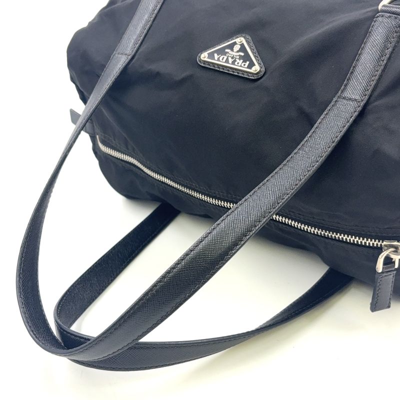 Prada Triangle Logo Plate Mini Boston Leather X Nylon Black Handbag Silver