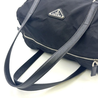 Prada Triangle Logo Plate Mini Boston Leather X Nylon Black Handbag Silver