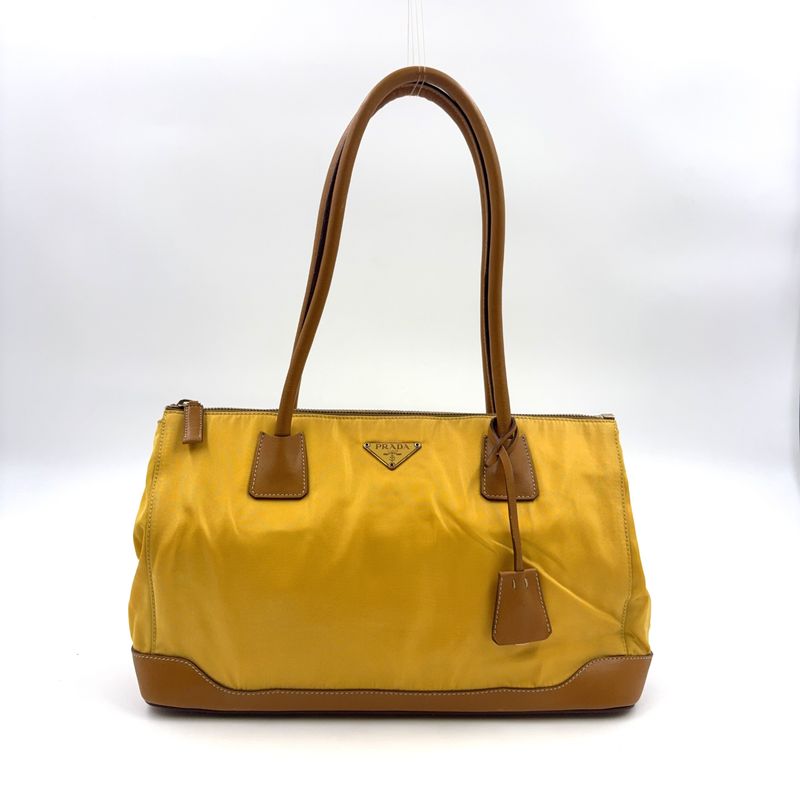 Prada Triangle Logo Plate Shoulder Leather X Nylon Yellow X Light Brown Handbag