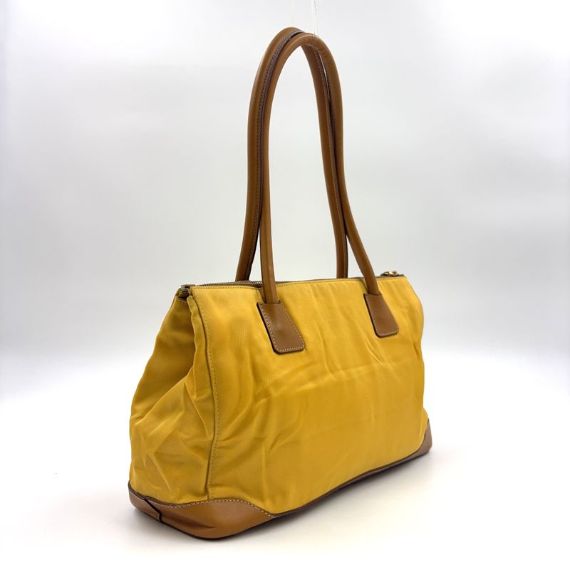 Prada Triangle Logo Plate Shoulder Leather X Nylon Yellow X Light Brown Handbag