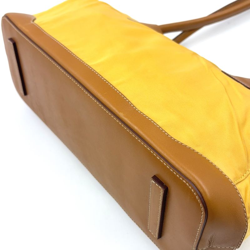 Prada Triangle Logo Plate Shoulder Leather X Nylon Yellow X Light Brown Handbag