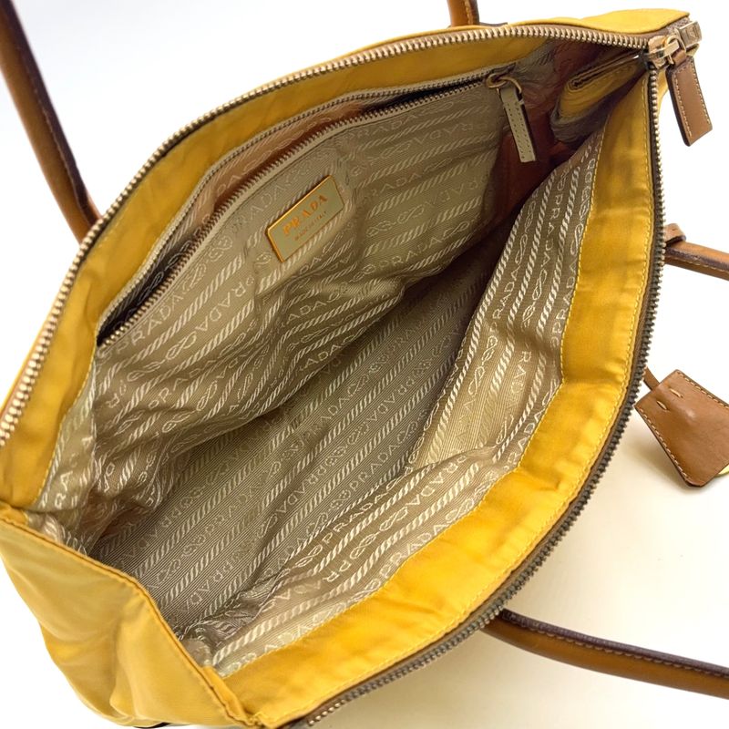 Prada Triangle Logo Plate Shoulder Leather X Nylon Yellow X Light Brown Handbag
