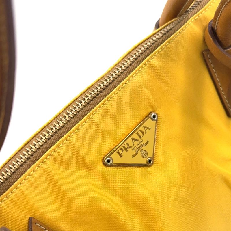 Prada Triangle Logo Plate Shoulder Leather X Nylon Yellow X Light Brown Handbag