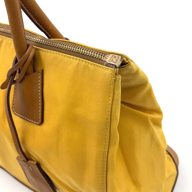 Prada Triangle Logo Plate Shoulder Leather X Nylon Yellow X Light Brown Handbag