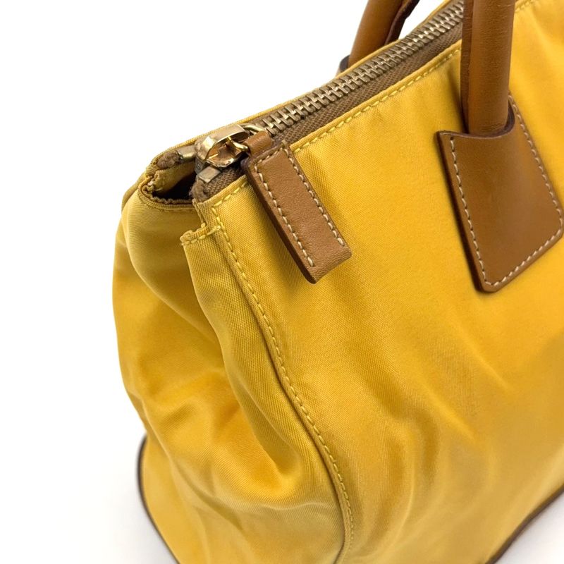 Prada Triangle Logo Plate Shoulder Leather X Nylon Yellow X Light Brown Handbag