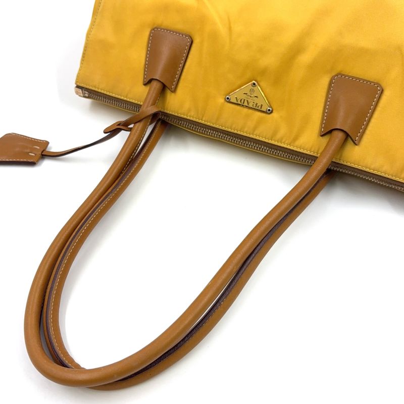 Prada Triangle Logo Plate Shoulder Leather X Nylon Yellow X Light Brown Handbag
