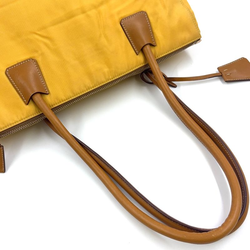 Prada Triangle Logo Plate Shoulder Leather X Nylon Yellow X Light Brown Handbag